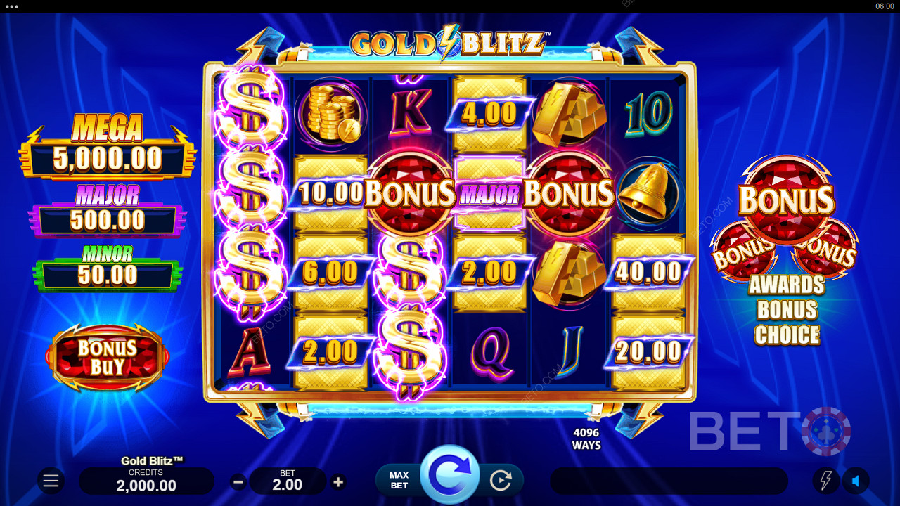 Du kan vinde en Jackpot Præmie på ethvert spin i hovedspillet på Gold Blitz spillemaskinen