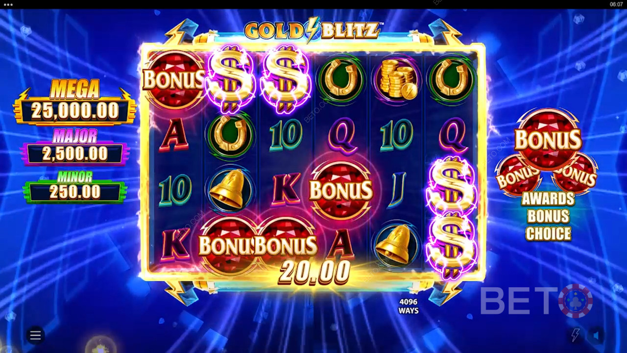 3 eller flere Scatters giver dig chancen for Free Spins eller Gold Blitz bonus