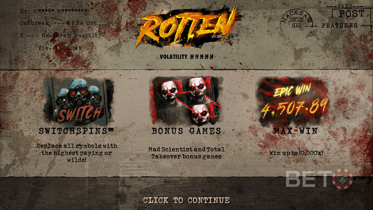 Nyd SwitchSpins, Free Spins og meget mere på Rotten spilleautomaten fra Hacksaw Gaming