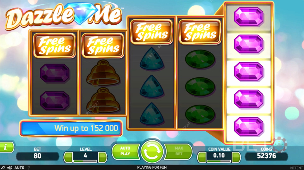 Free spins udløses ved at lande mere end 3 free spins-symboler på Dazzle Me-spillemaskinen