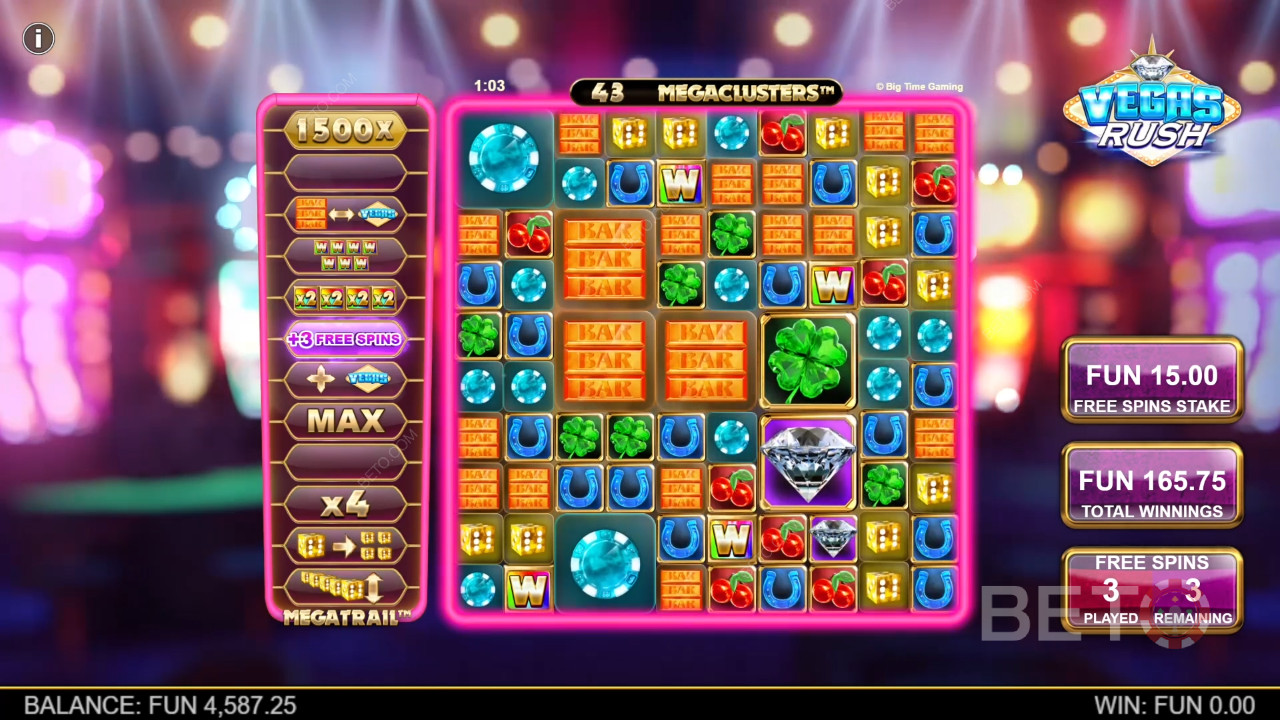 Gratis spins giver en forbedret Megatrail i Vegas Rush spilleautomaten