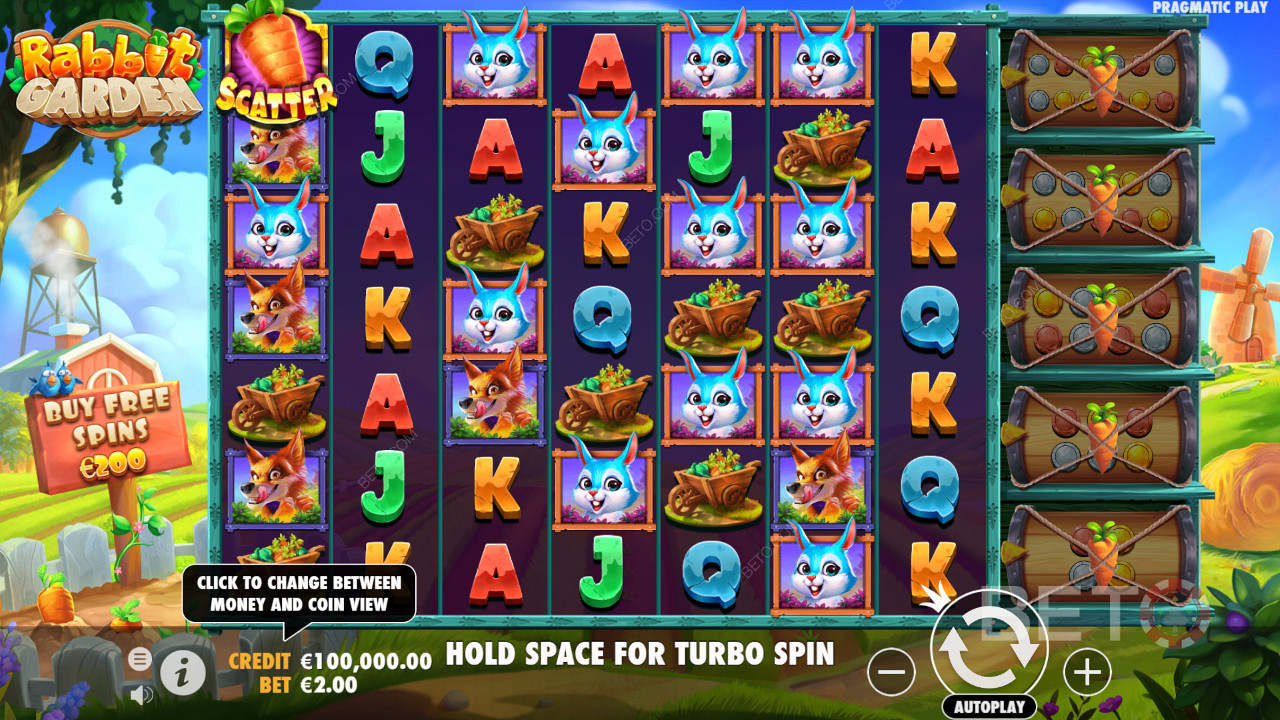 Nyd et kæmpe grid og Klyngebetalingsmekanikken på Rabbit Garden spilleautomaten