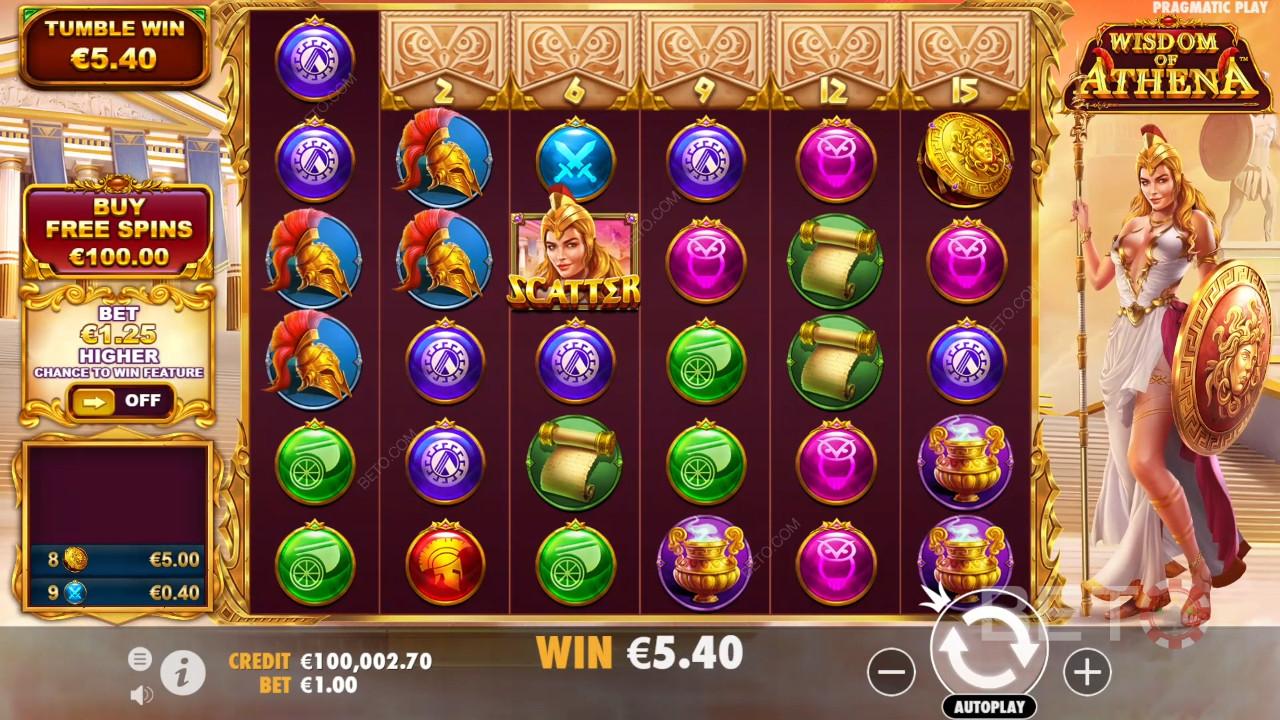 Køb Gratis Spins eller brug Ante Bet i Wisdom of Athena spilleautomaten