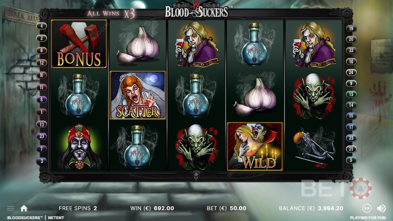 Alle gevinster tredobles i gratisrunderne i Blood Suckers-spillet