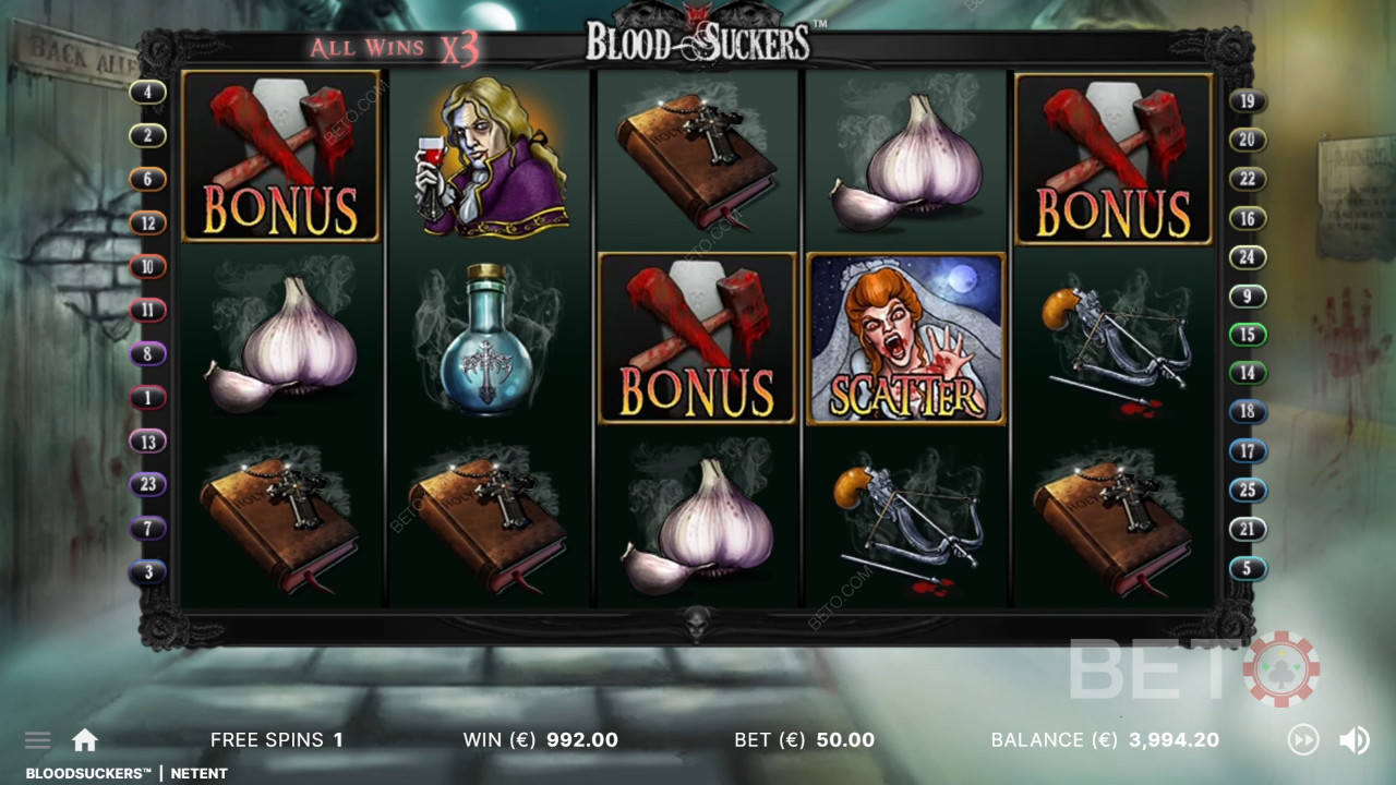 3 bonussymboler på de rigtige pladser udløser Bonusspillet i Blood Suckers automaten