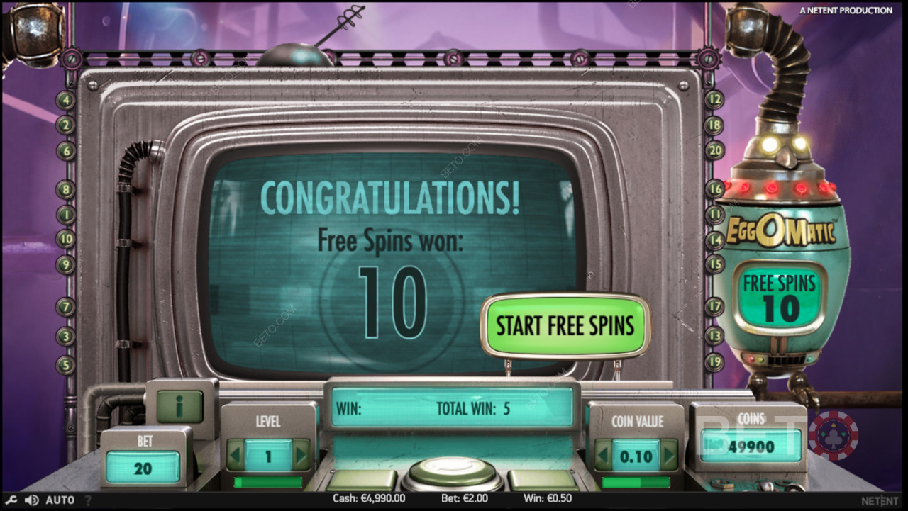 Vind 10 gratis spins i EggOMatic automaten