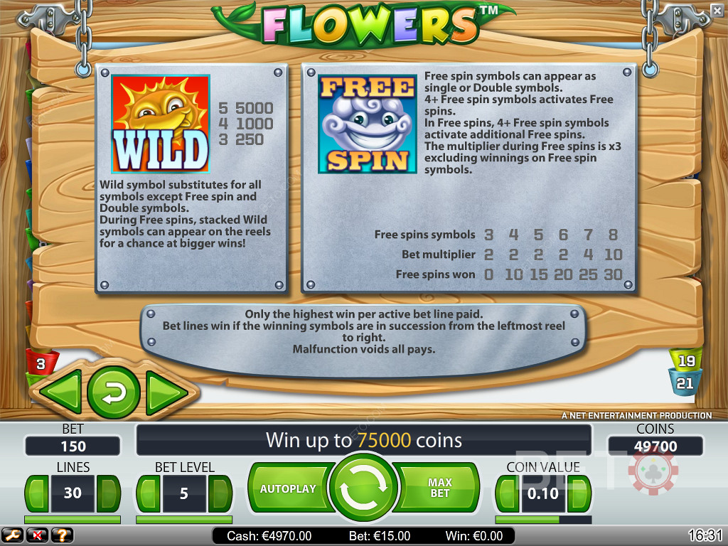 Free spins og wilds-information i Flowers