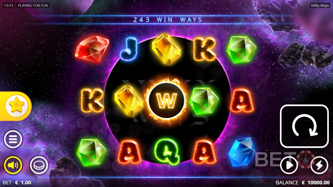 243 gevinstmuligheder i grundspillet på Milky Ways online spilleautomat