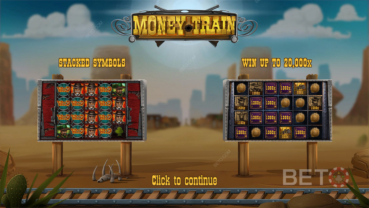 Hav det sjovt i jagten på en maksimal gevinst på 20.000 gange din indsats i Money Train online slotspillet