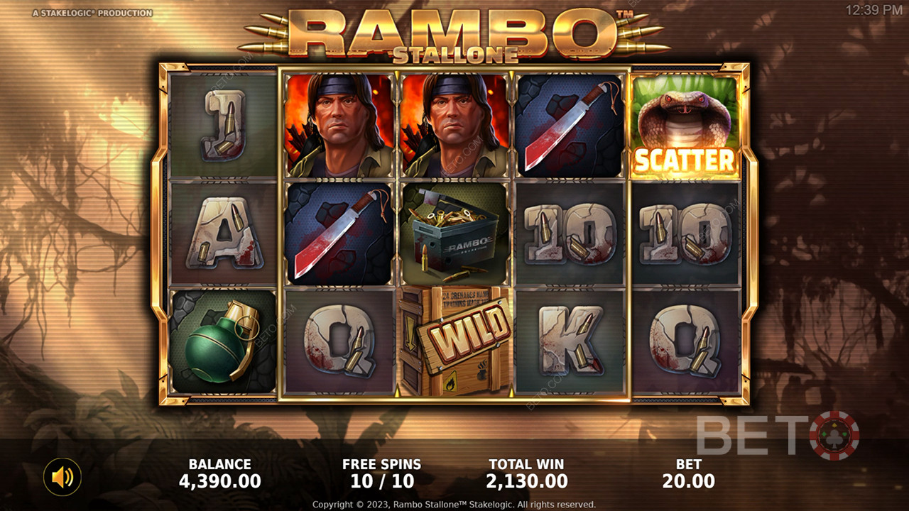 Nyd fantastiske bonusfunktioner og et unikt tema i Rambo online spilleautomat