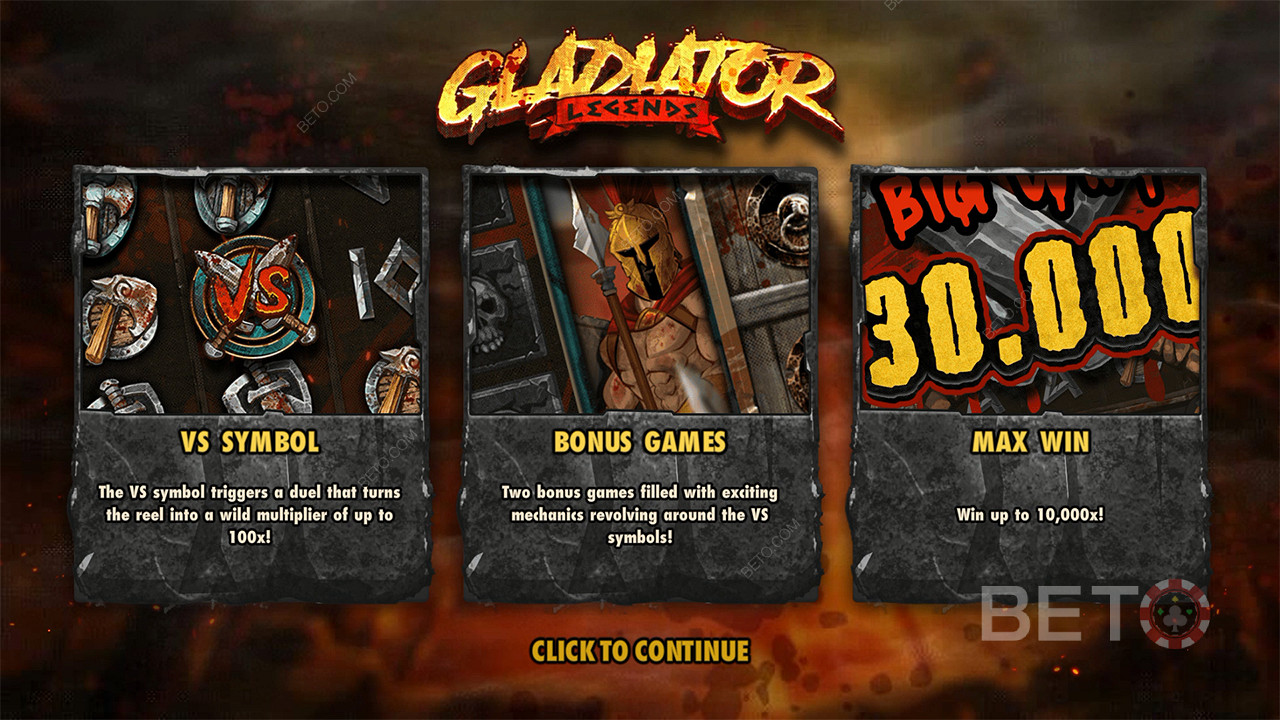 Vind op til 10.000 gange din indsats i spilleautomaten Gladiator Legends