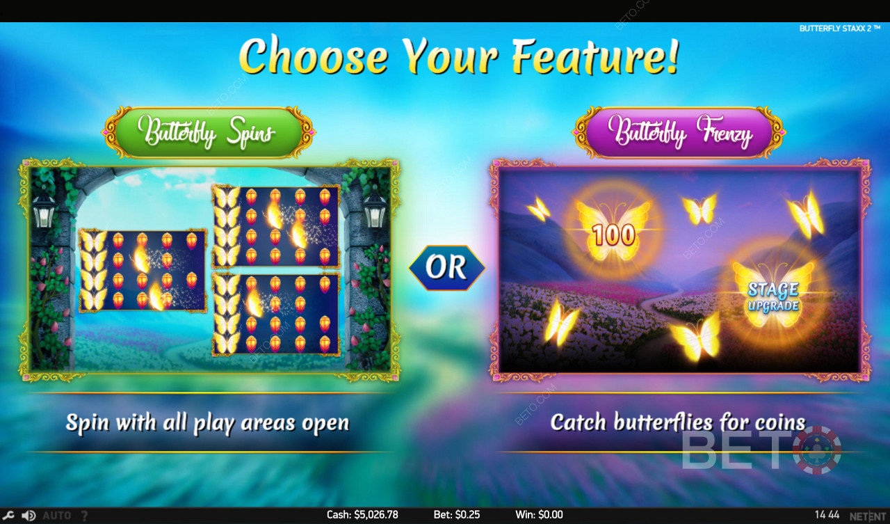Vælg mellem to fantastiske funktionsspil - spin eller catch-butterflies-mode 