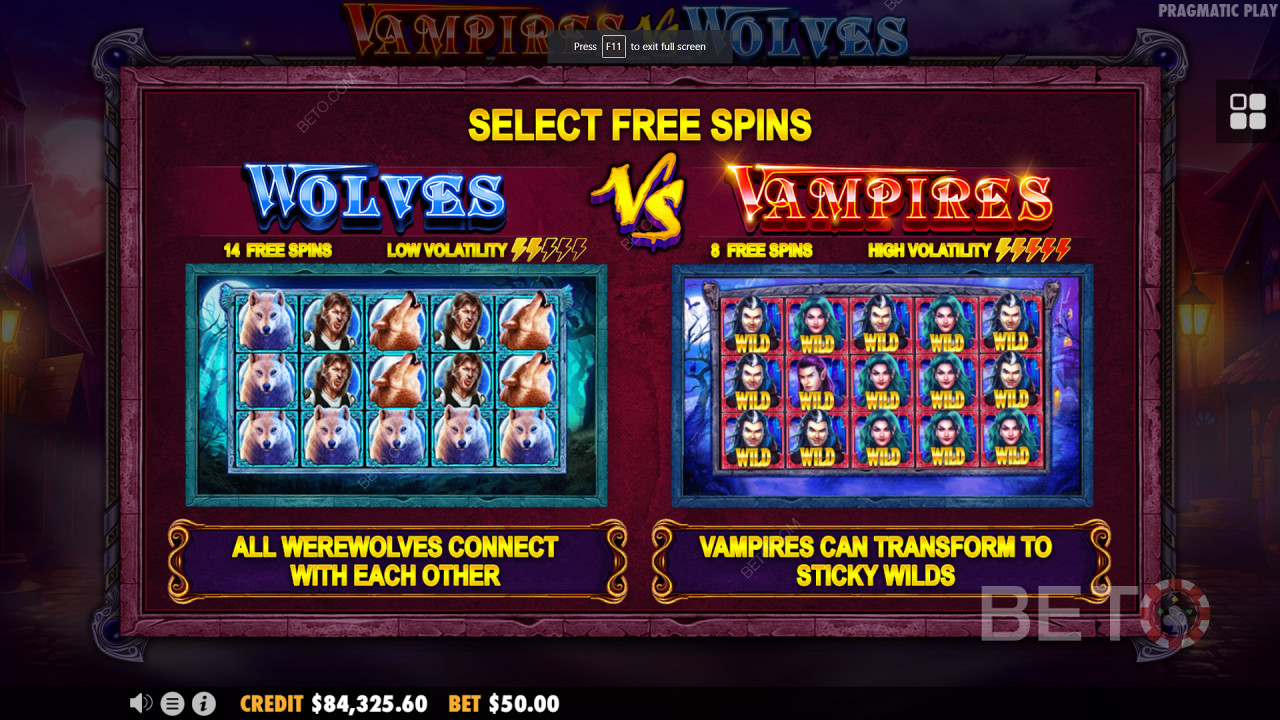 Dual Free Spin Bonusrunder i Vampires vs Wolves