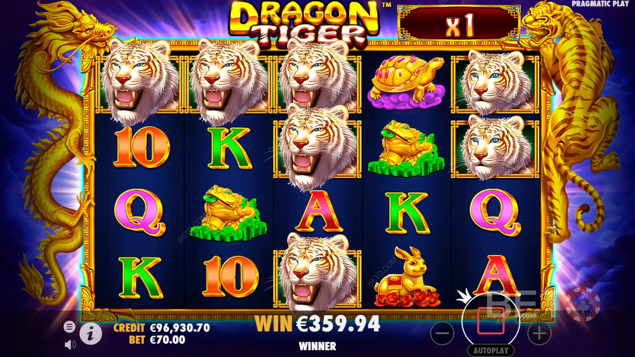 Multiplikatorerne kommer i spil under Free Spins-bonussen i Dragon Tiger online spillemaskine