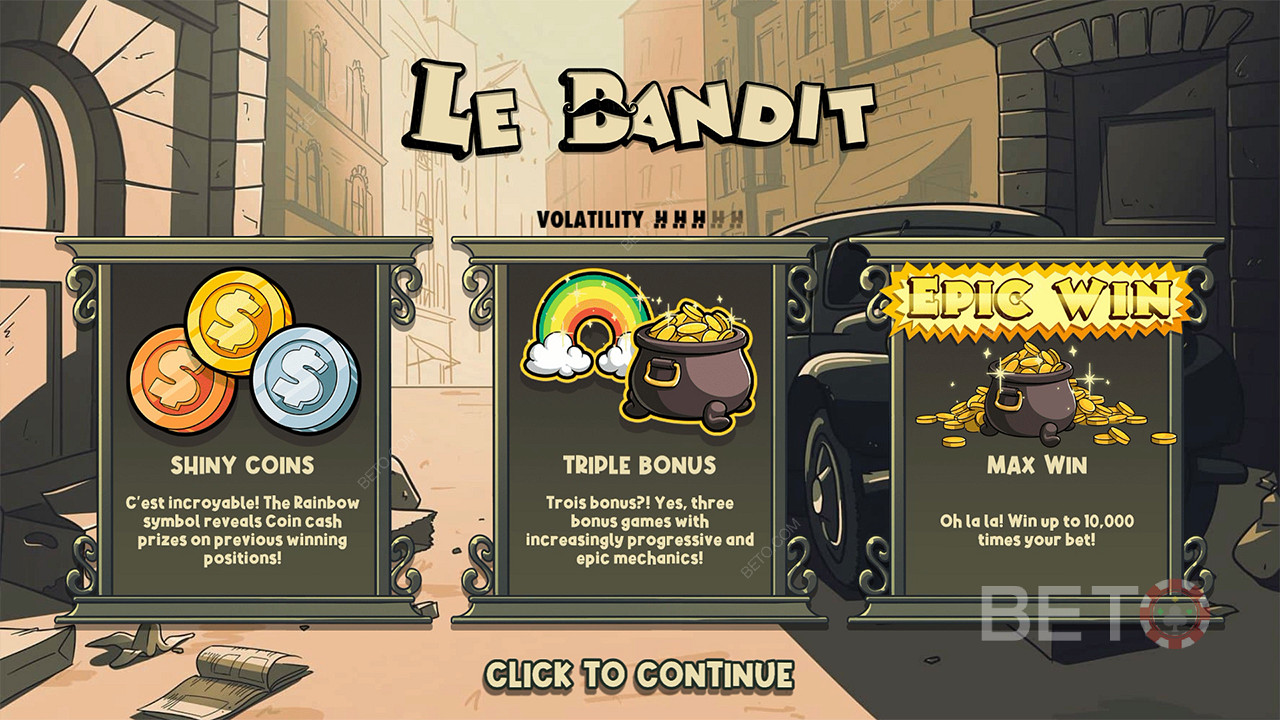 Tre bonusser og pengepræmier hjælper dig med at vinde 10.000x af din indsats i Le Bandit-spilleautomaten