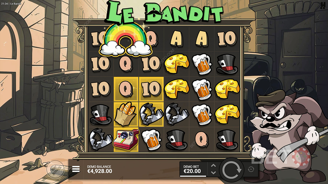 Regnbuesymbolet aktiverer alle gyldne firkanter i Le Bandit-spilleautomaten.