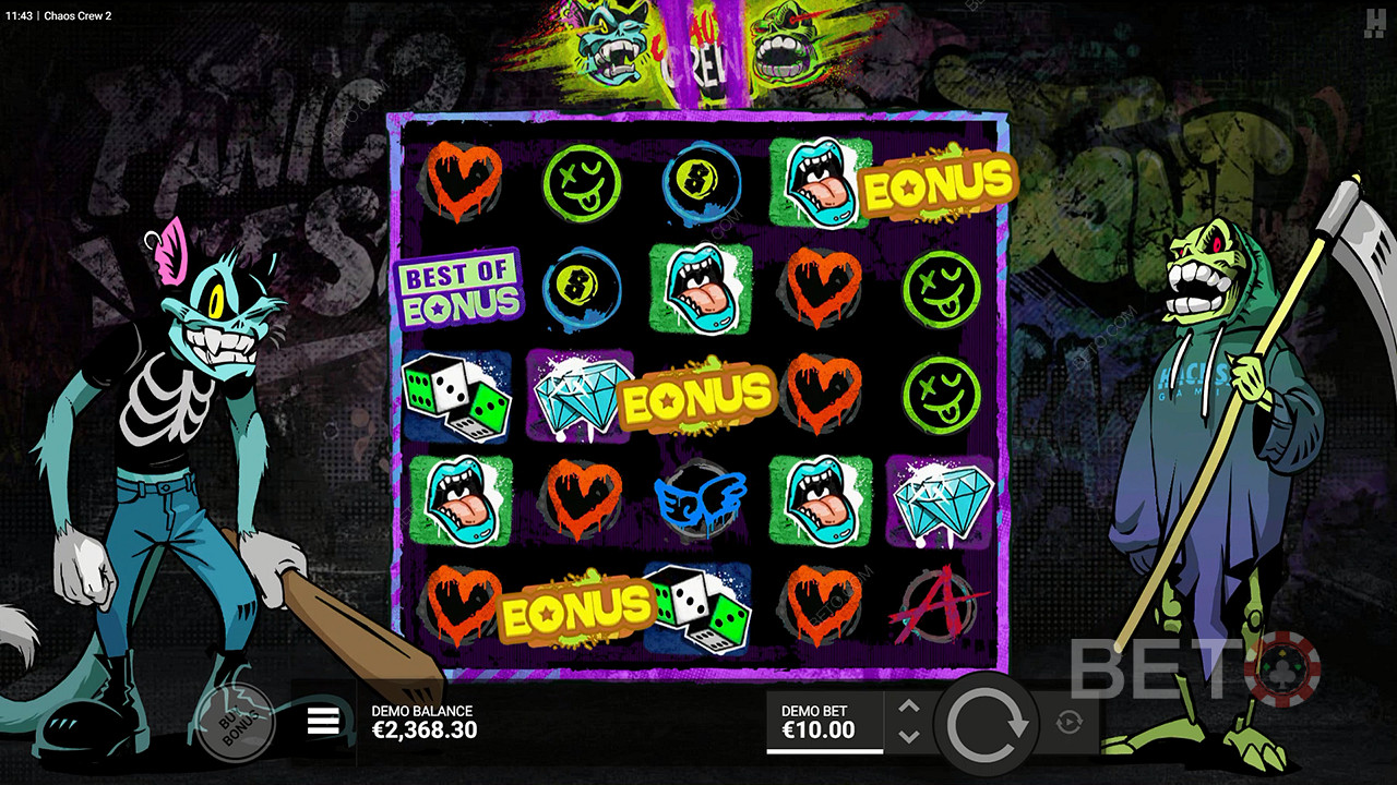 Udløs bonusspillet, når du lander 3 bonussymboler i Chaos Crew 2 online spilleautomat