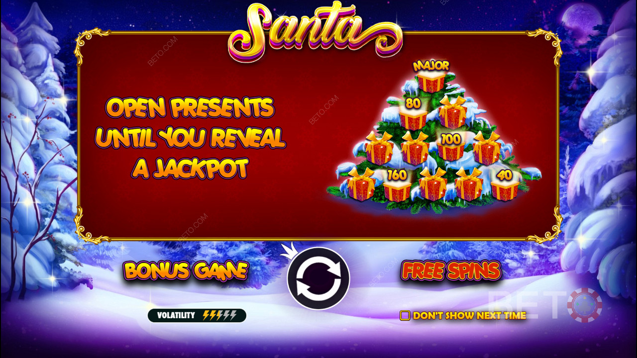 Bonusspillet har pengepræmier og jackpots i Santa online spillemaskinen