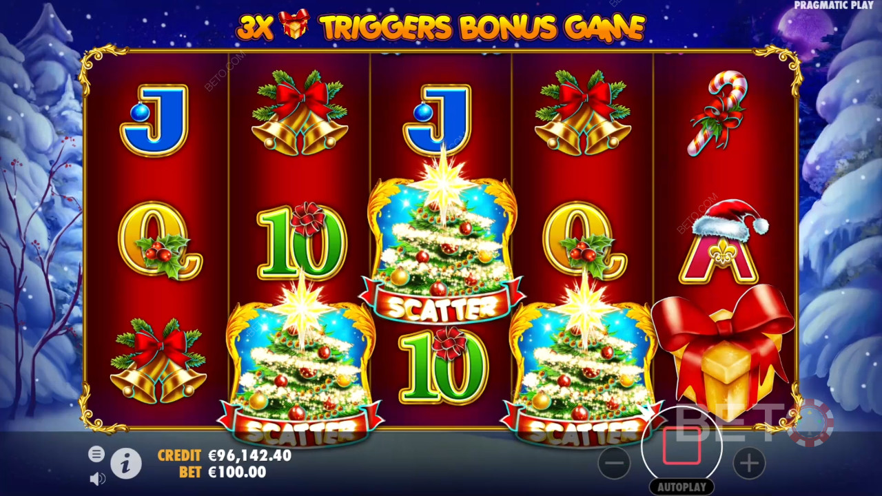 3 juletræs-scatter symboler udløser gratis spins-bonussen