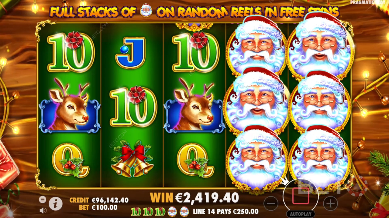 Nyd fuldt stakkede wild-hjul i free spins i Santa spilleautomaten