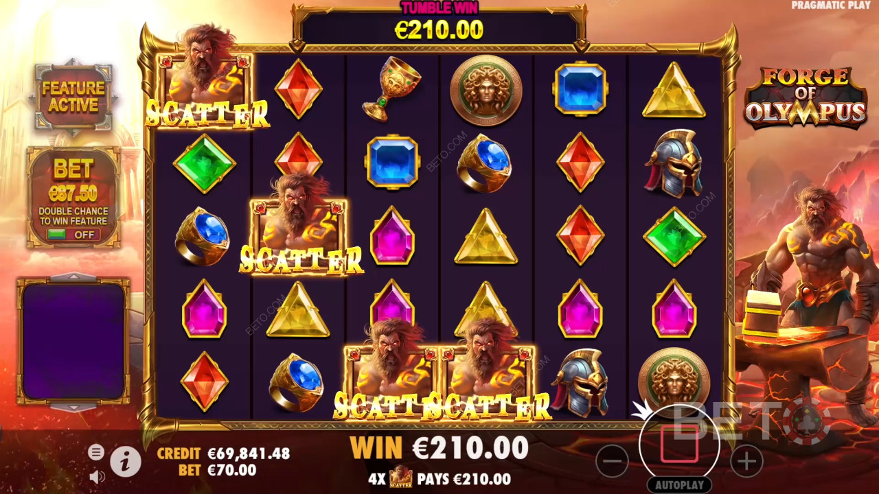 4 eller flere Scatters udløser Gratis Spins i Forge of Olympus spilleautomat