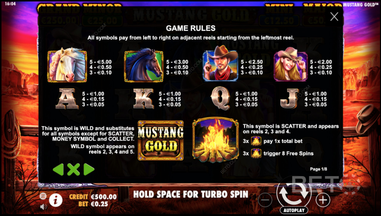 Spilleregler for Mustang Gold online slot