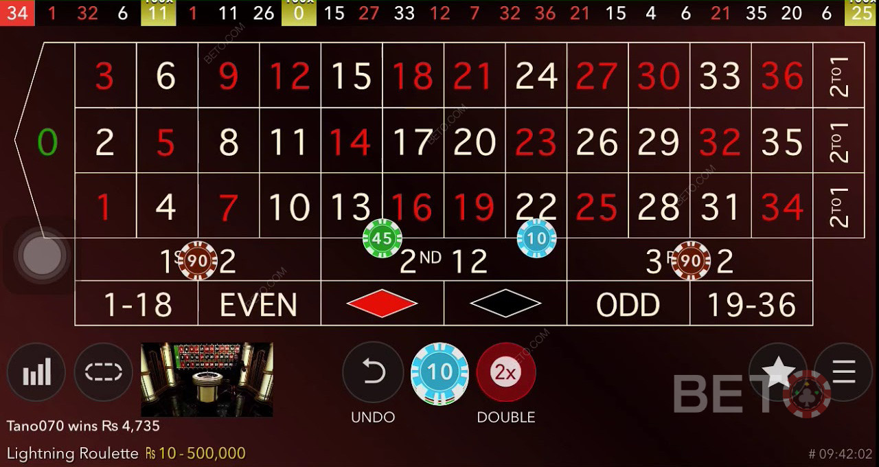 Sæt indsatser på forskellige numre i Lightning Roulette