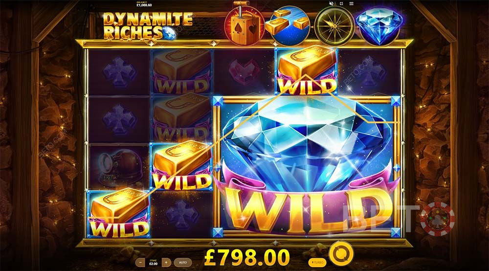 Guldbarrer og Ekspanderende wilds kan erstatte symboler og give dig kæmpe gevinster i Dynamite Riches