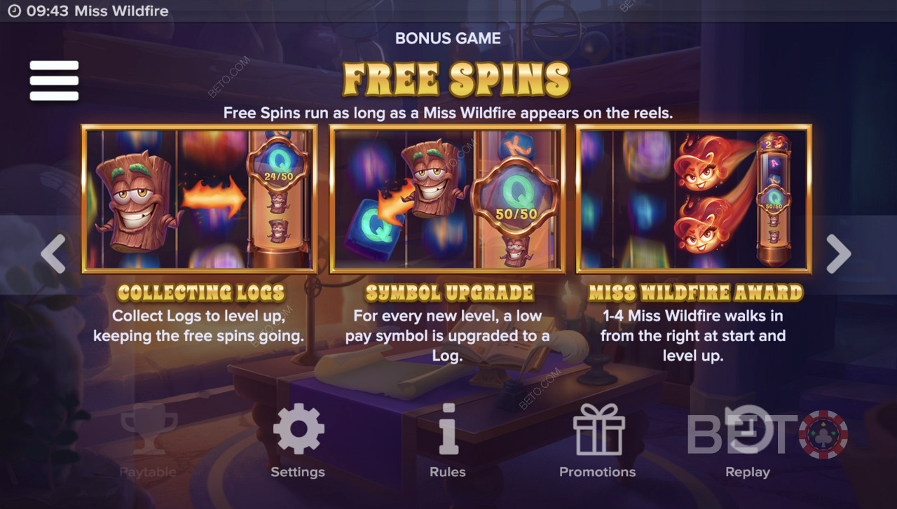 Forskellige free spins i Miss Wildfire