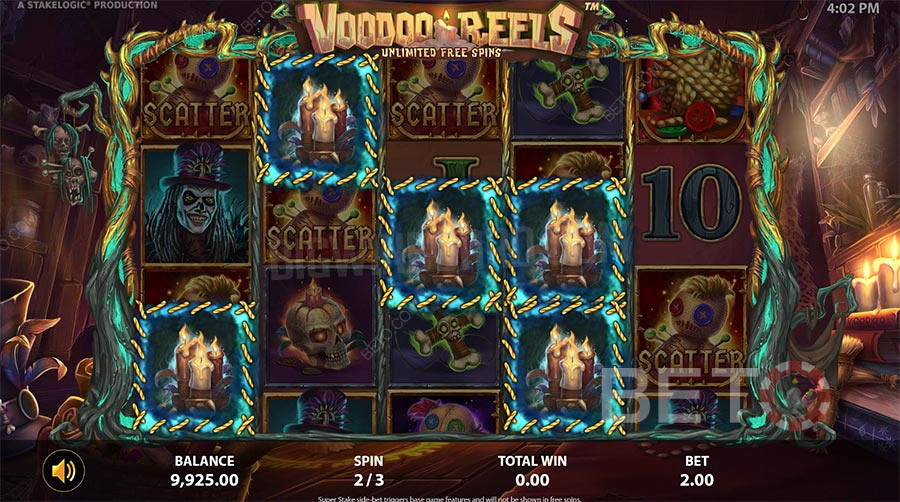 Få 3 eller flere stearinlys symboler på Voodoo Reels-hjulene for at vinde enorme beløb