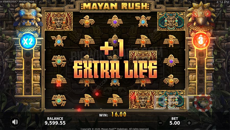 Mayan Rush bonus features inkluderer Free Spins, multiplikator og en gamble funktion