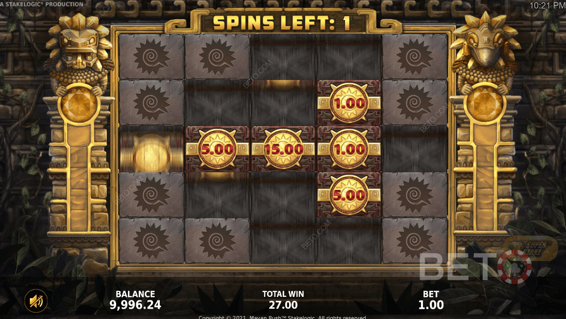 Super Stake-funktion i aktion i Mayan Rush-spilleautomat