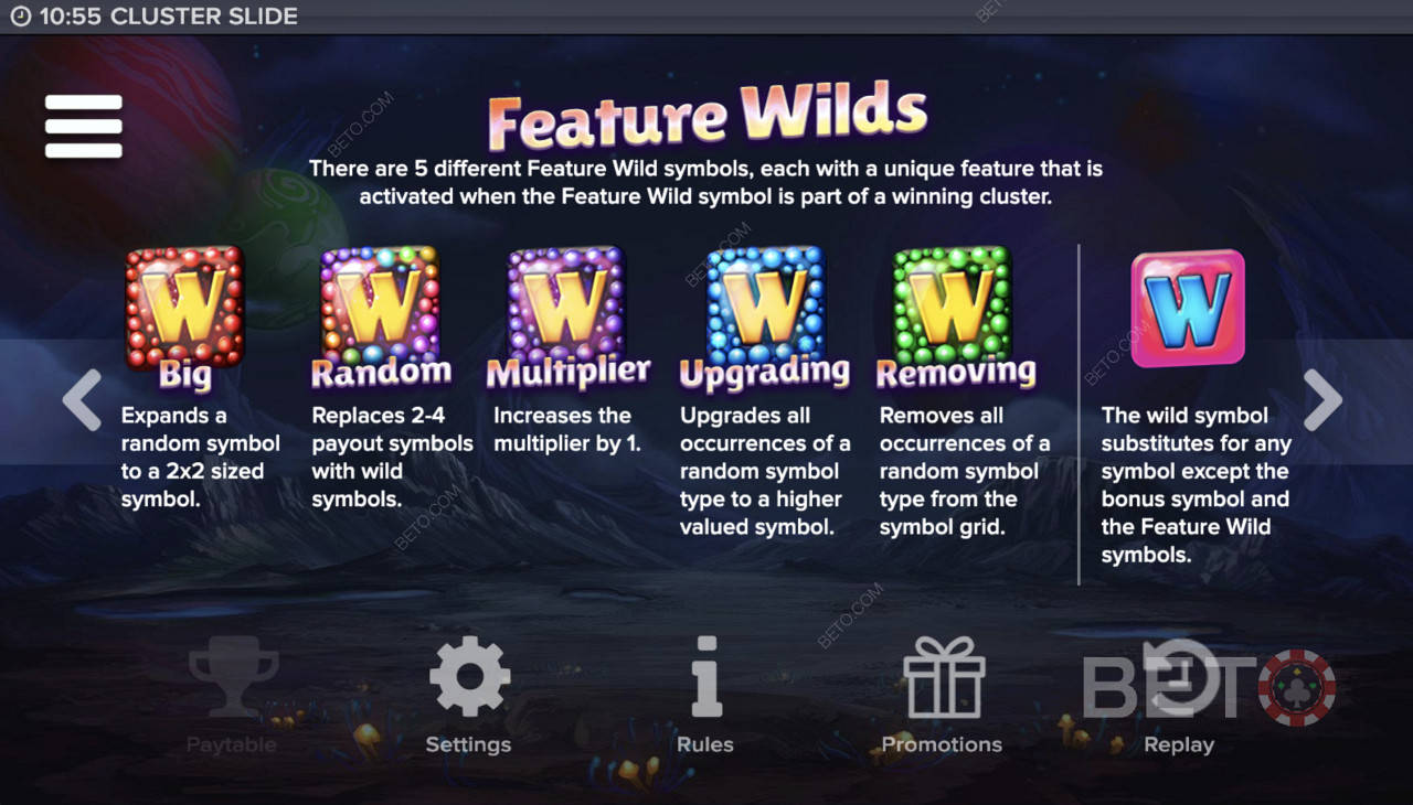 Feature Wilds på Cluster Slide spilleautomaten