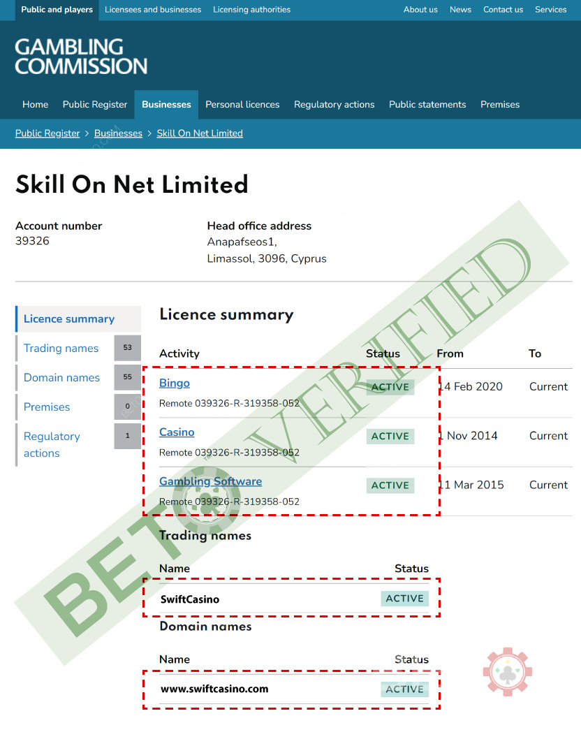 Swift Casino er licenseret af UK Gambling Commission, bekræfter BETO