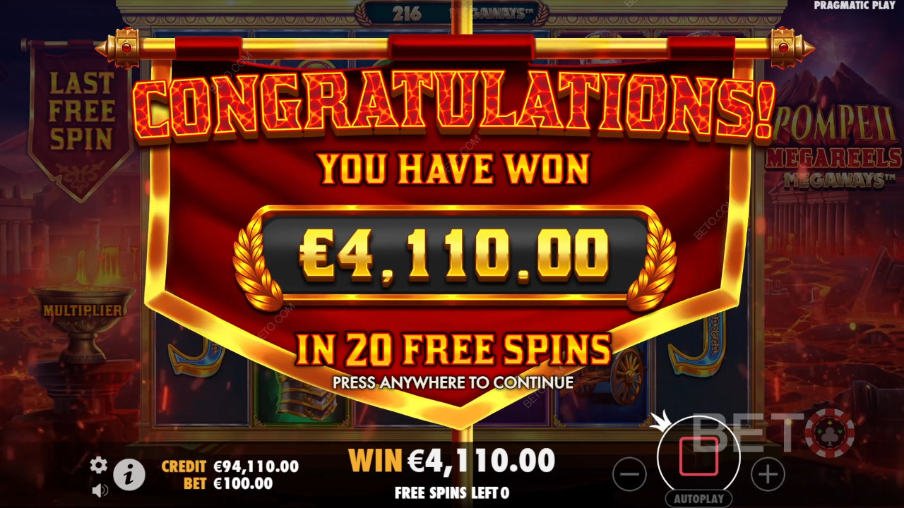 Vind 10.000 gange din indsats i Pompeii Megareels Megaways spilleautomat!