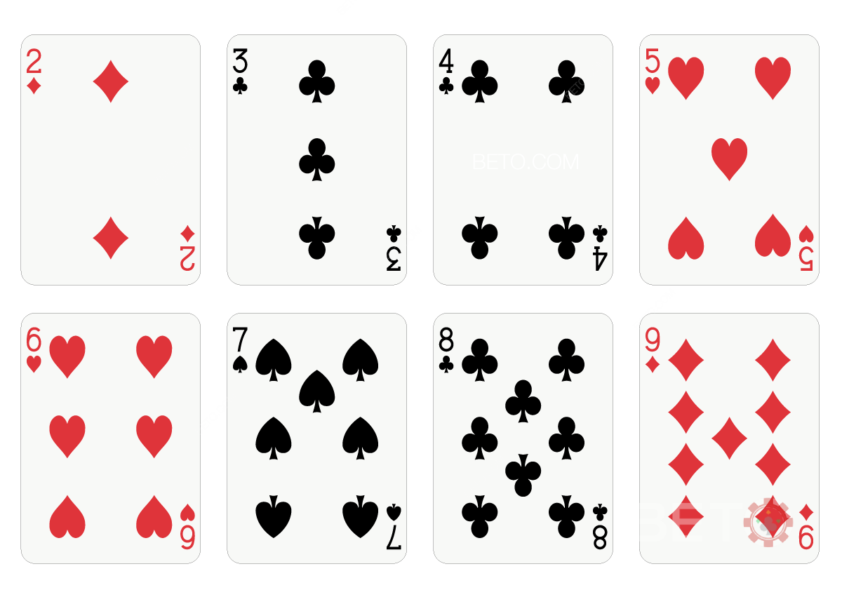 De andre kortværdier i blackjack har samme værdi som skrevet på dem.