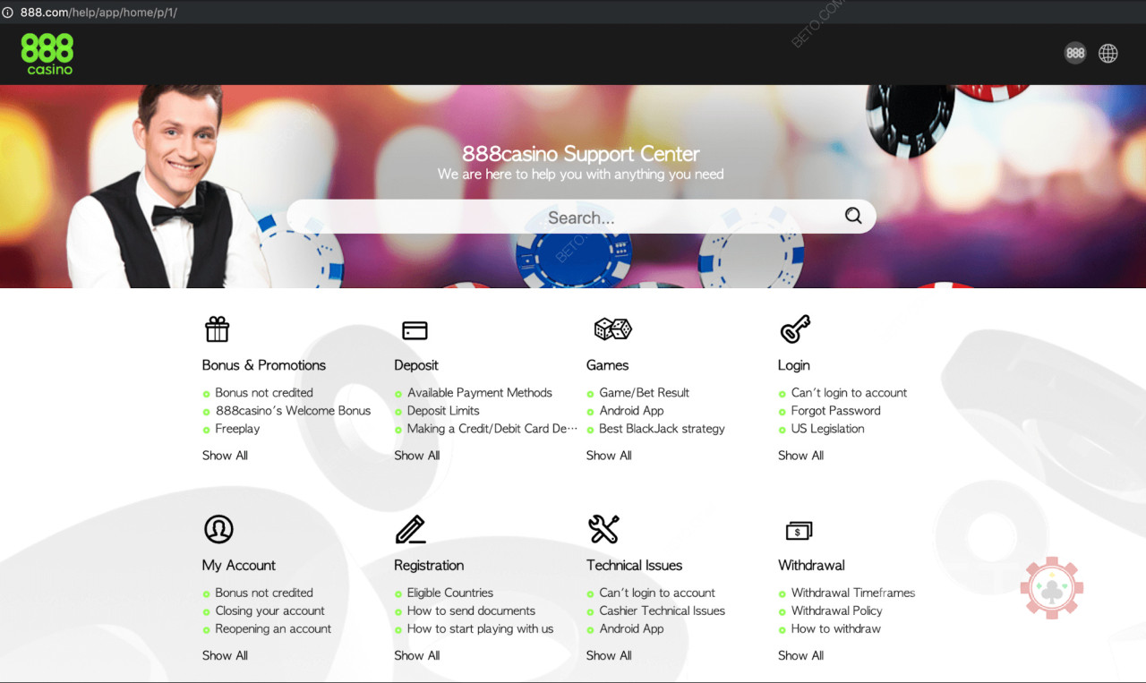 Kundeservice og support hos 888 casino