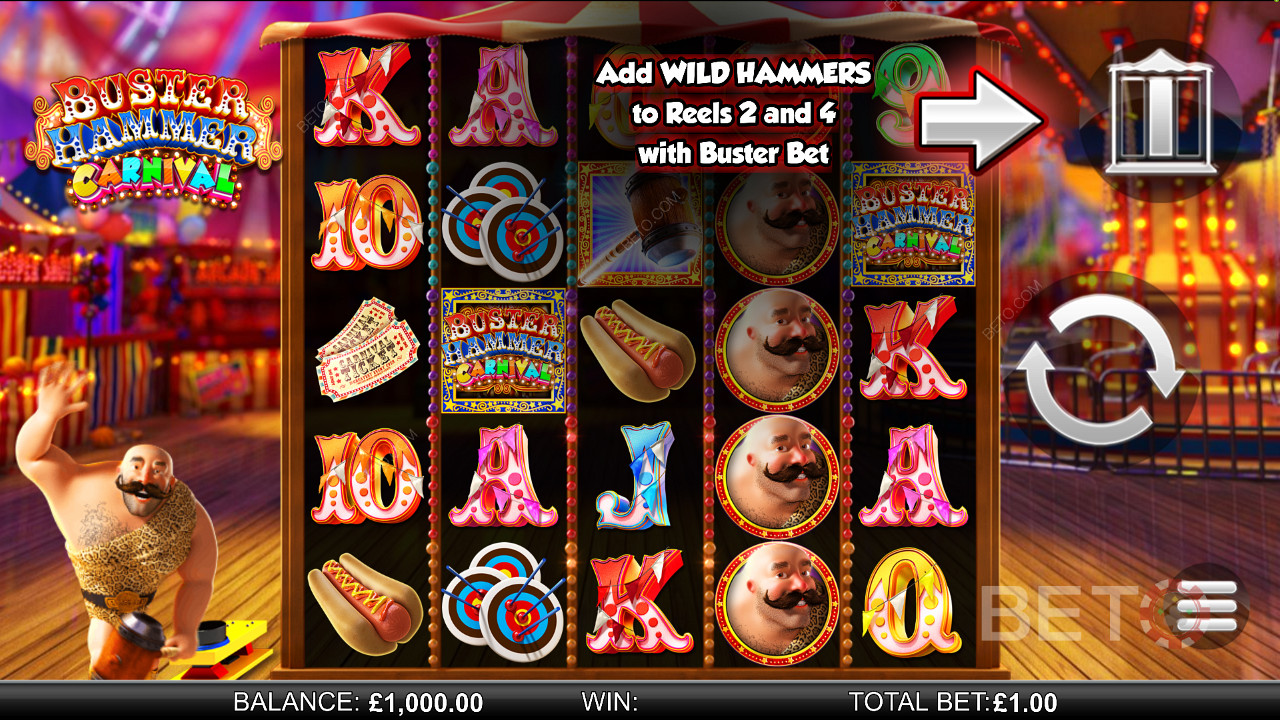 Buster Hammer Carnival - oplev the Mighty Free Spins og the Gold Wild Hammer feature - en spillemaskine fra Reel Play
