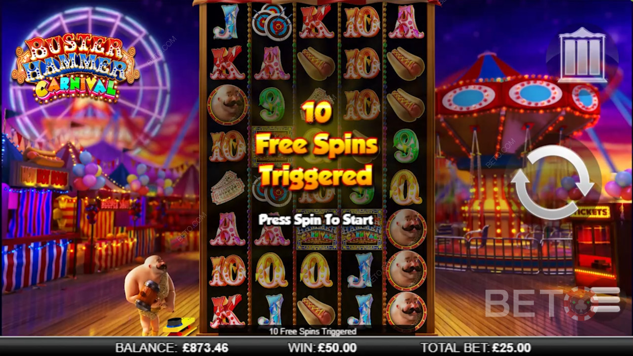 Få 10 gratis spins i Buster Hammer Carnival spilleautomat