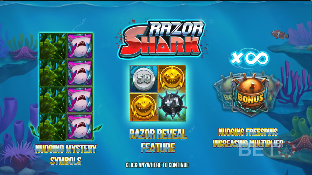 Startskærmen til Razor Shark online spilleautomat