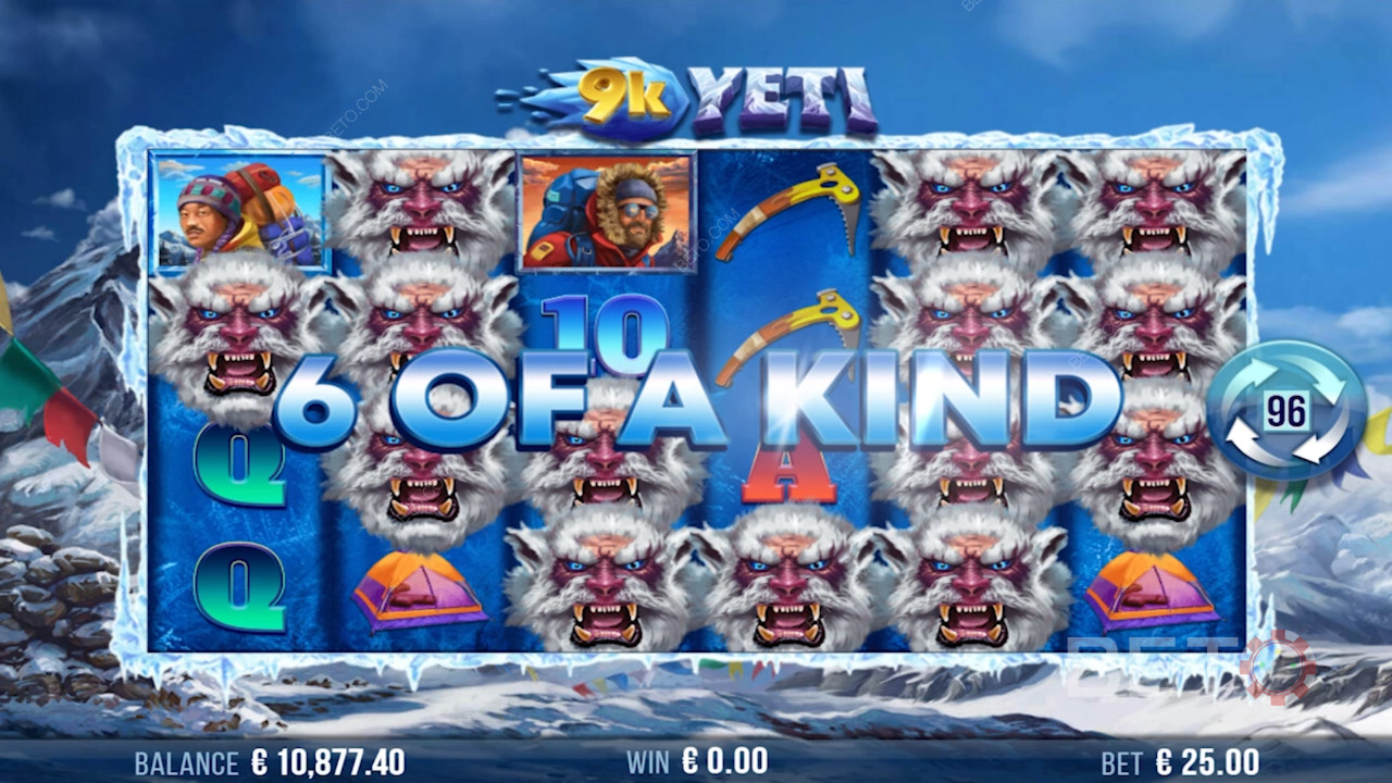 Få en seks-på-stribe kombination og vind stort i 9k Yeti spilleautomat