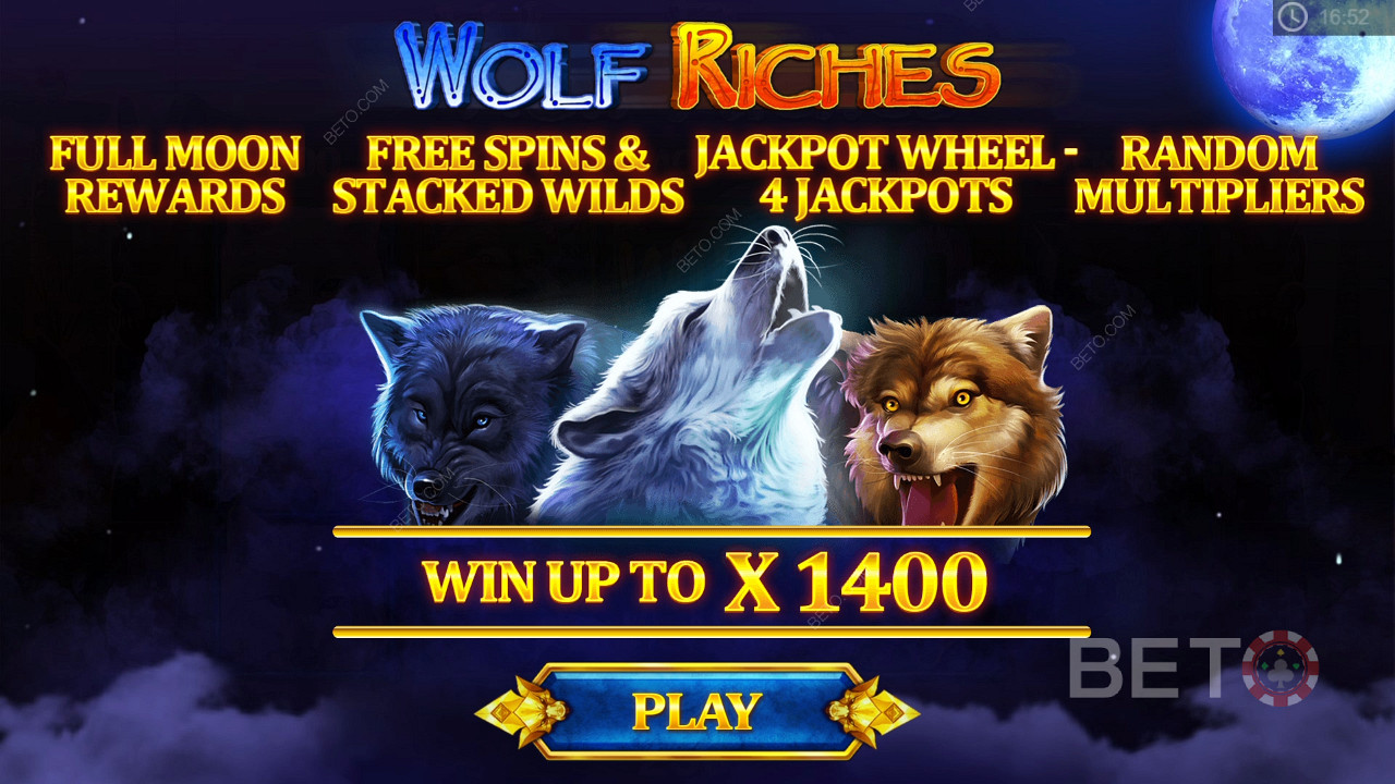Free spins, multiplikatorer, jackpots og Stacked Wilds på Wolf Riches spillemaskinen