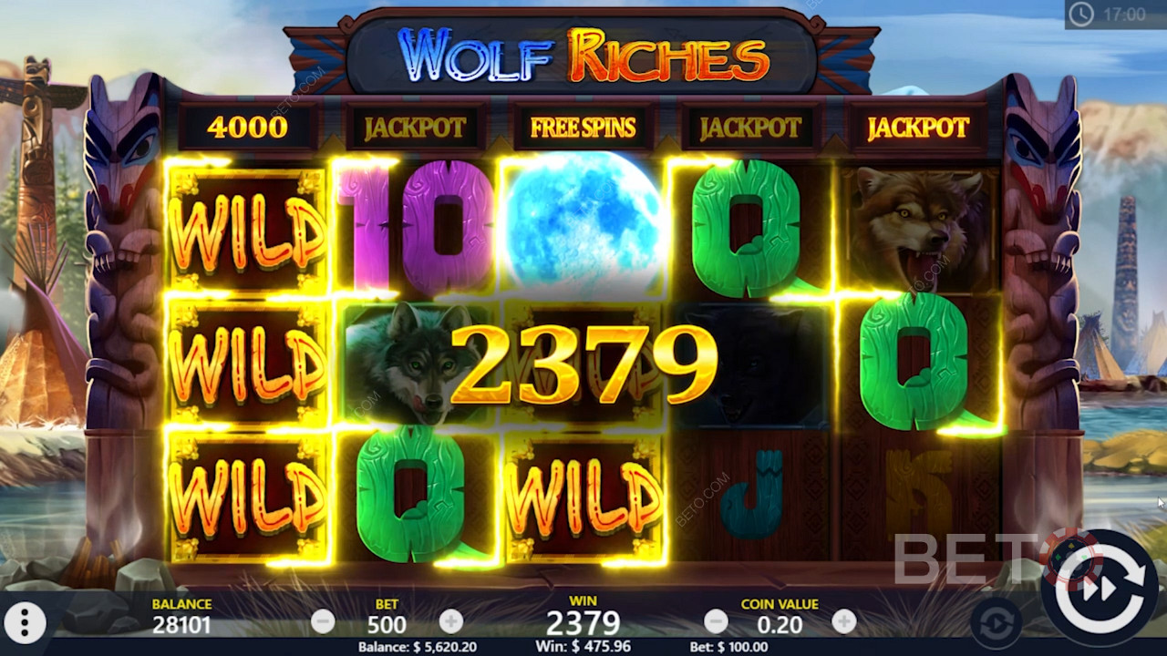 Free spins og Wild-gevinst på Wolf Riches online spillemaskinen