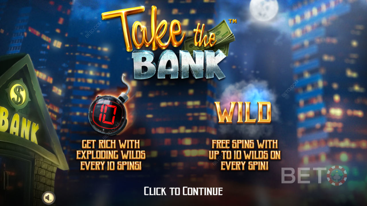 Startskærm i Take The Bank - Bliv rig med sprængende Wilds
