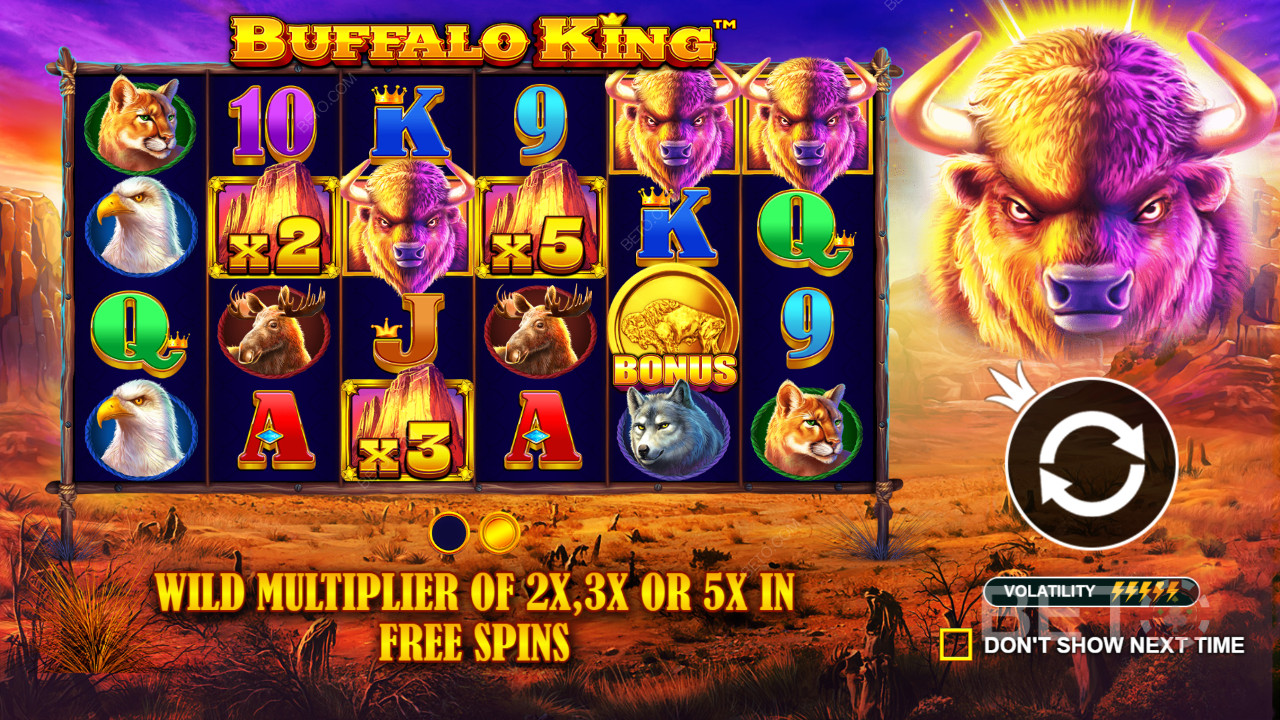 Alle Wild-symboler kan have en multiplikatoreffekt på 2x, 3x eller 5x i Buffalo King