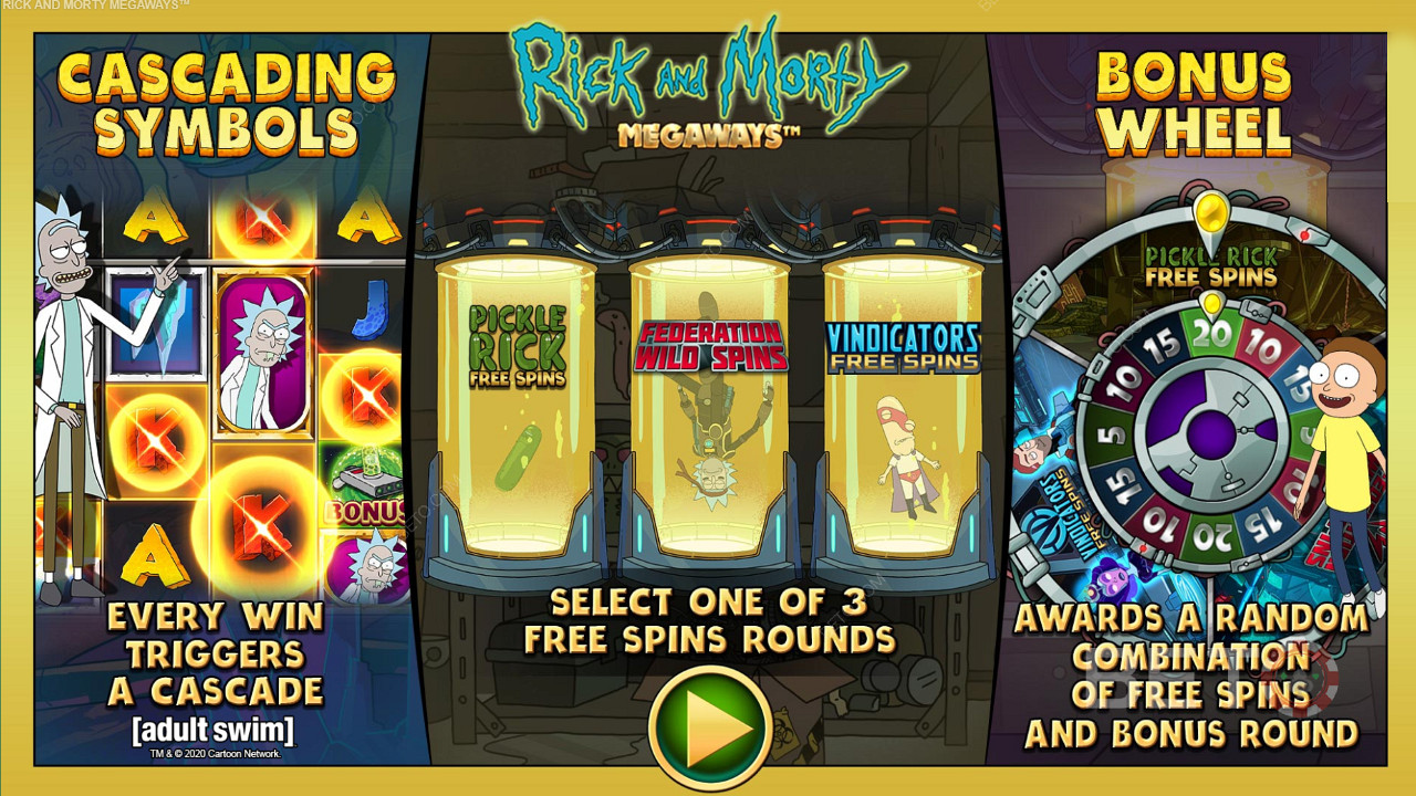 Nyd tre forskellige typer free spins på Rick and Morty Megaways spillemaskinen