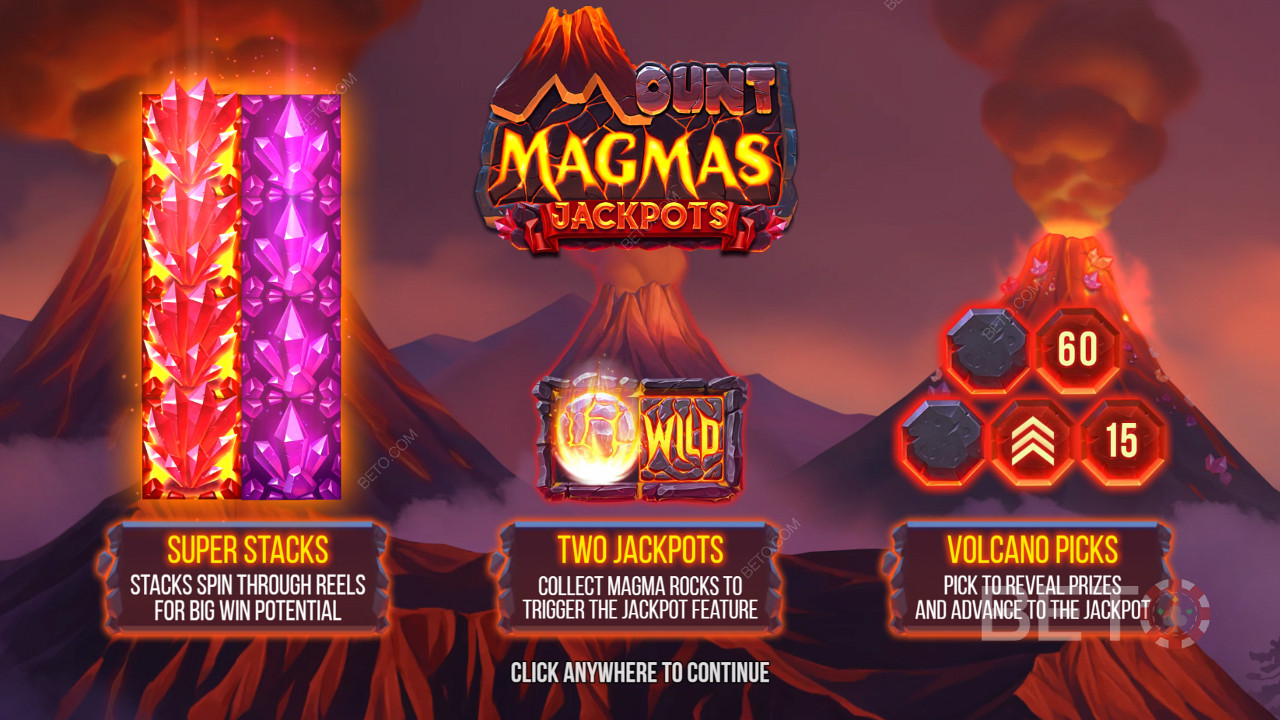 Nyd Super Stacks, 2 jackpots og Vulkan Bonus-funktion på Mount Magmas spillemaskinen