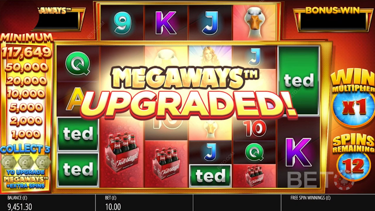 Opgrader Megaways ved at samle 3 Super Ted-symboler under free spins