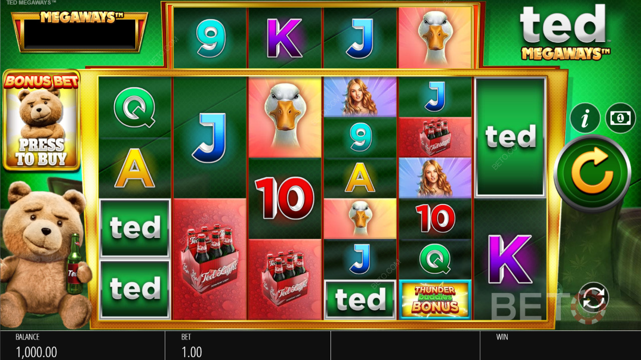 Ted hygger sig ved hjulene i Ted Megaways spilleautomat