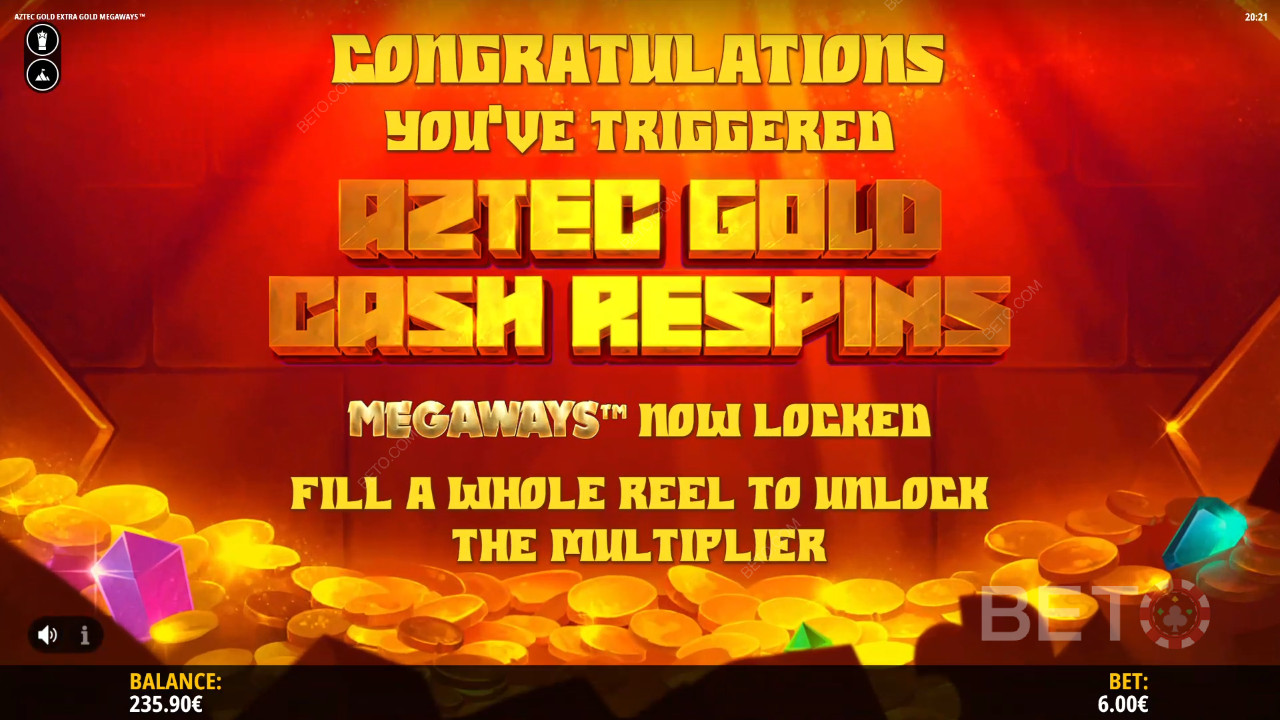 Udløs Aztec Gold Cash Respins med 5 Scatter-symboler